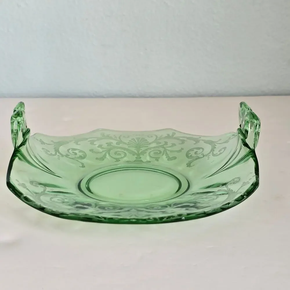 Vintage Fostoria Versailles Bon Bon Dish Green Glass Etched Bow Handle GLOWS